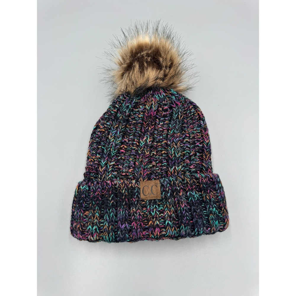 C.C Exclusives Multi-Color Confetti Cable Knit Beanie Faux Fur Pom Hat Cap